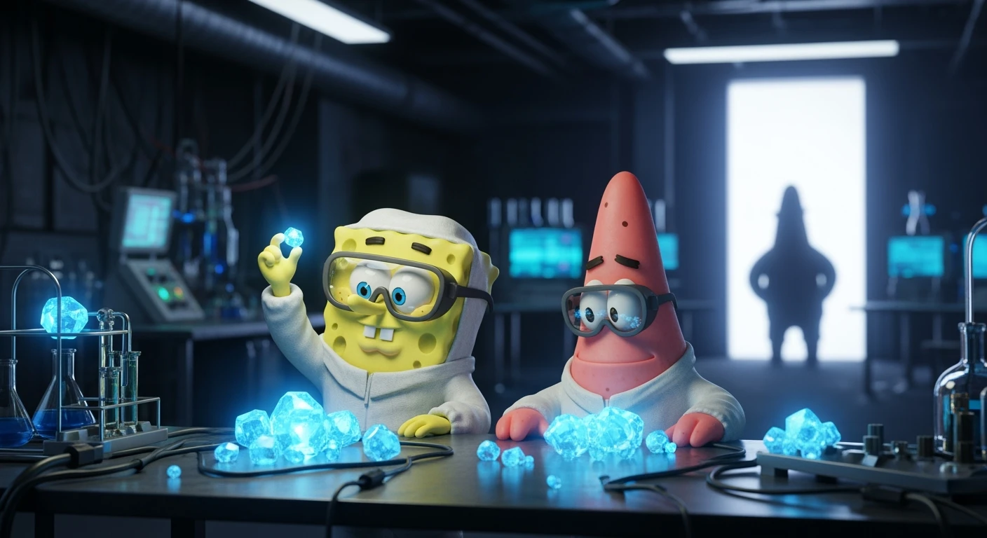 3D cienmatic cartoon shot, spongebob and patric dress in safety glasses and safe white outfit, the are standing front of table with blue crystals on table glowing (light source) science room in basement, back light, Cinema 4d render, proffesional lightning emoji