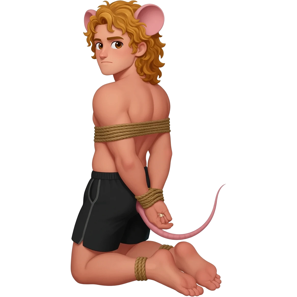 man with brown eyes, curly long blond hair. he has rat tail and rat ears. he dressed in black shorts. he is on his knees. her arms are tied up with ropes emoji