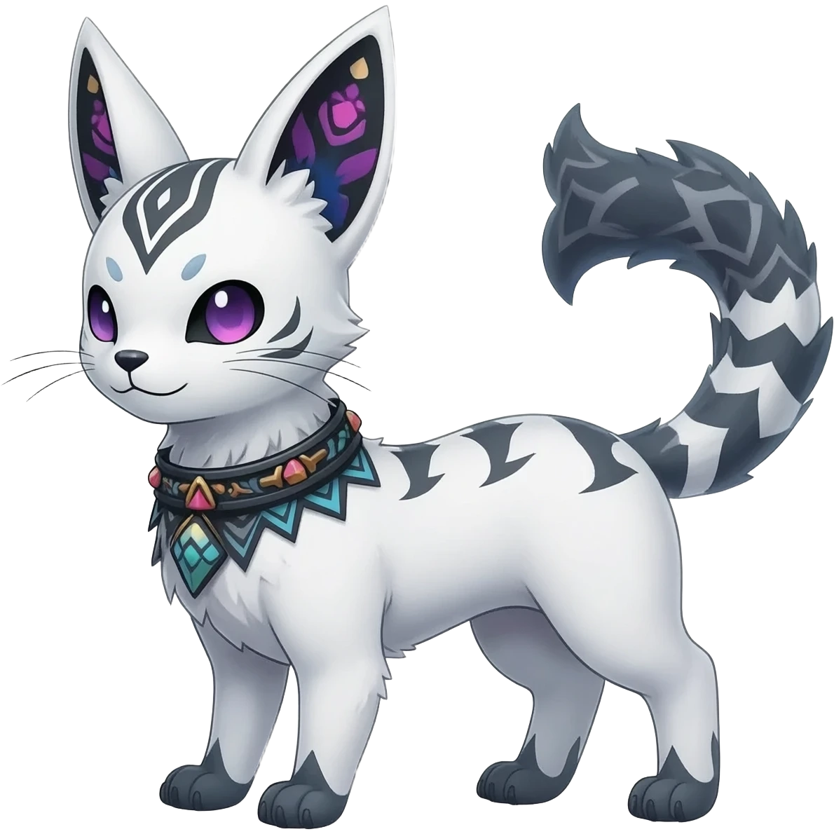 Rare white exotic cute epic aesthetic gothic colorful Salandit-Eevee-Civet-species-Fakemon-hybrid-creature, with a collar, and with intricate tribal markings, full body emoji