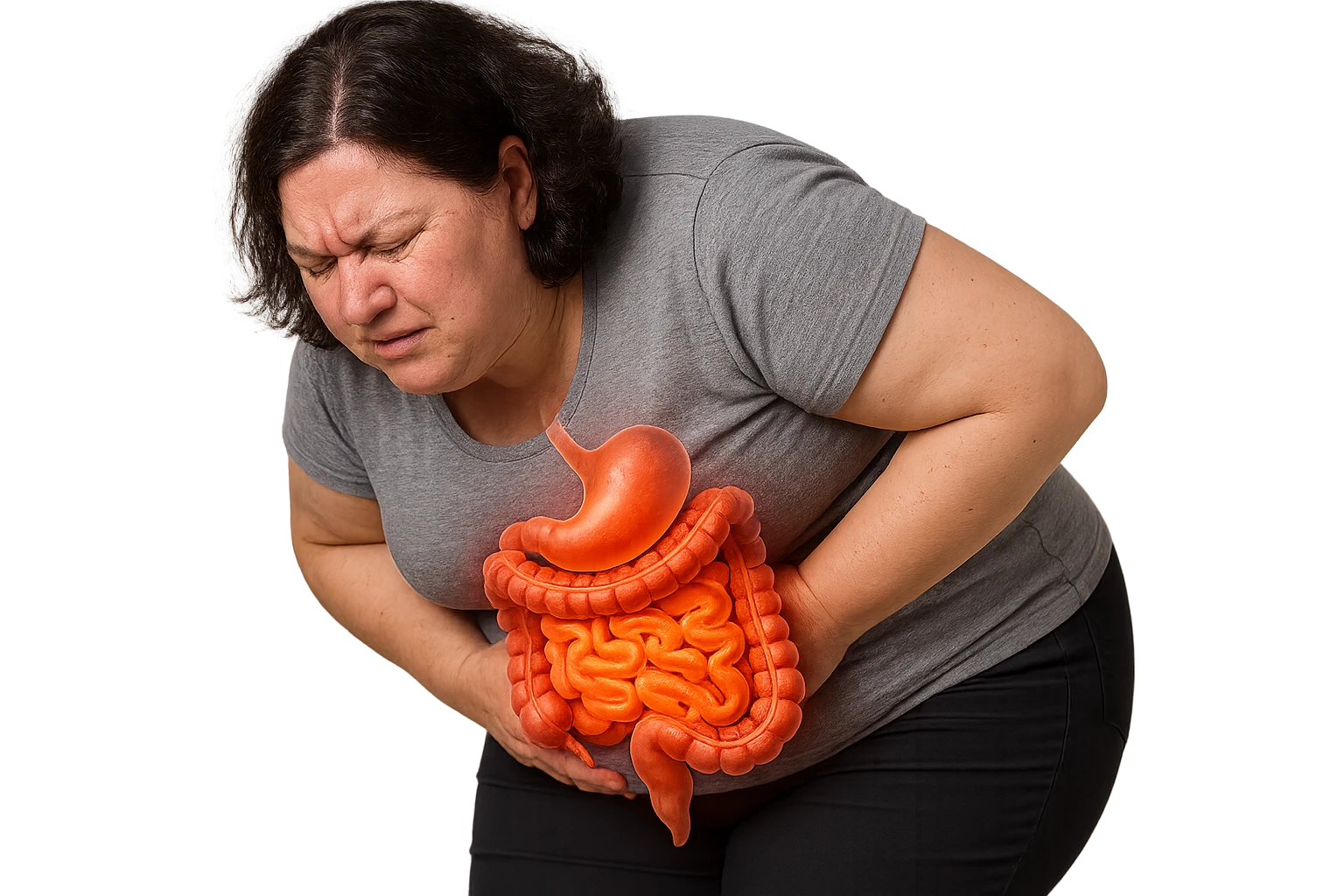 DONNA LEGGERMENTE SOVRAPPESO PIEGATA IN AVANTI CON INTESTINO ANATOMICO IN EVIDENZA, MAL DI PANCIA iperrealistico 4k emoji