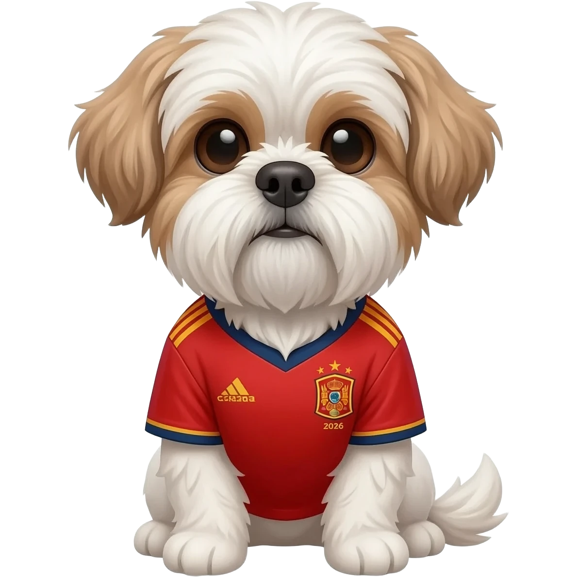 white and light brown shih zhu wearing a Spain soccer jersey v neck 2026 work cup emoji