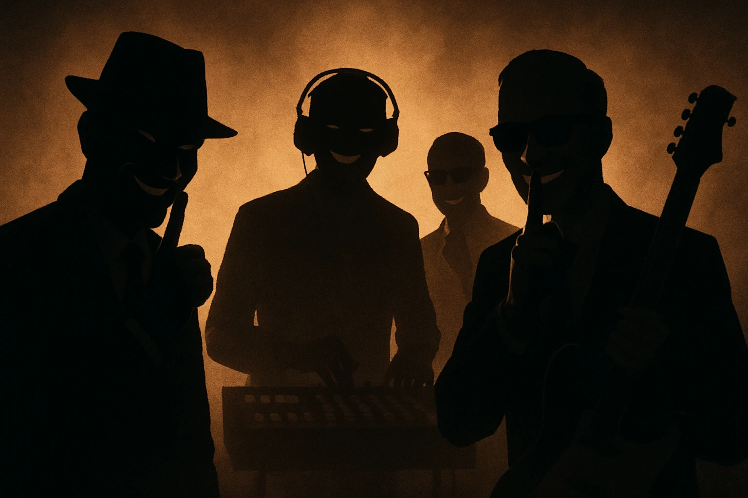 Siluetas y figuras de personas que trabajan en la industria musical, en las sombras, vistas desde lejos, con sonrisas burlonas y aire de superioridad, haciendo una señal con el dedo para pedir que otros hagan silencio o de estar guardando un secreto emoji