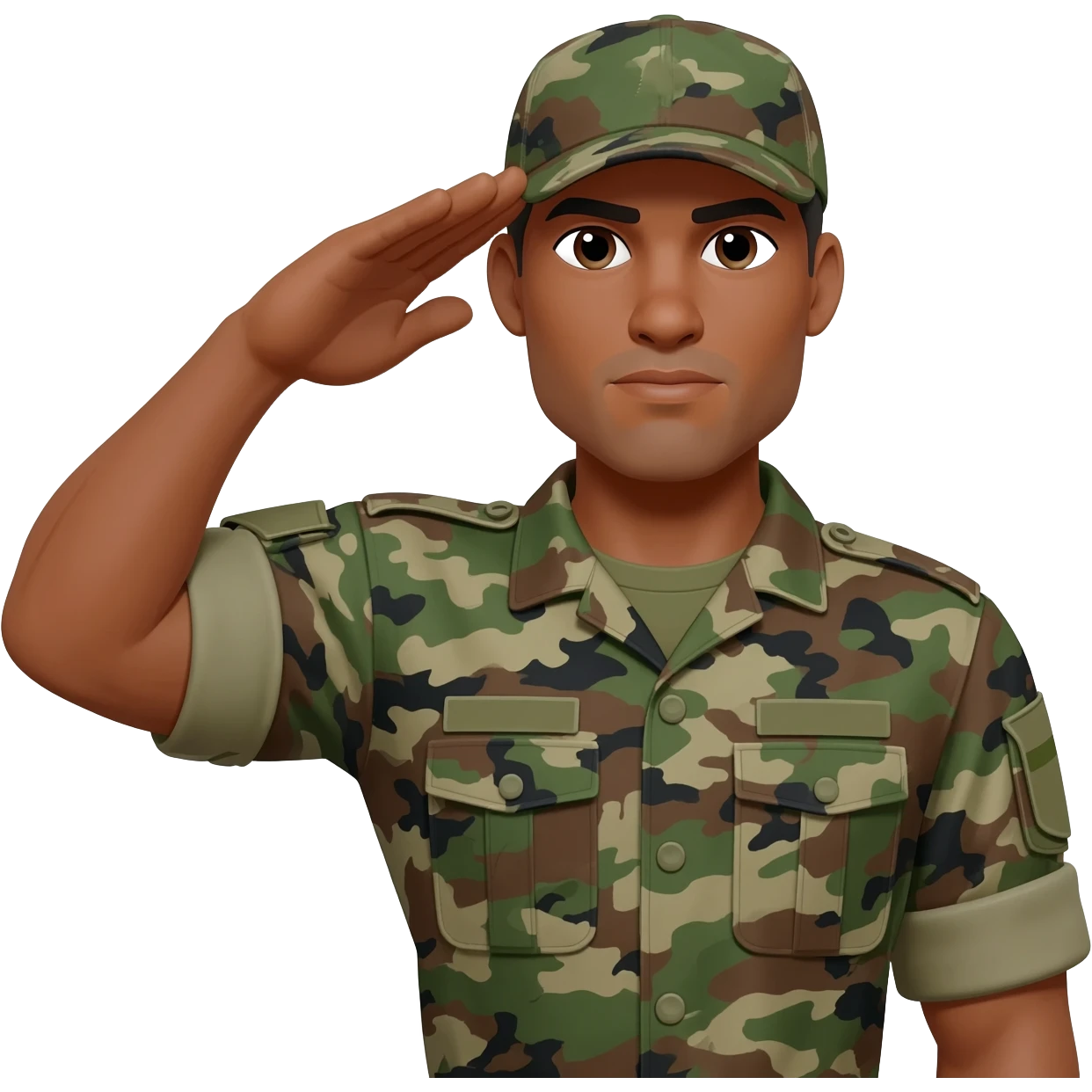 A black military soldier, brown skinned and camouflage uniform to include the hat saluting with the right arm, make the soldiers serious and make the built of the soldier muscular emoji