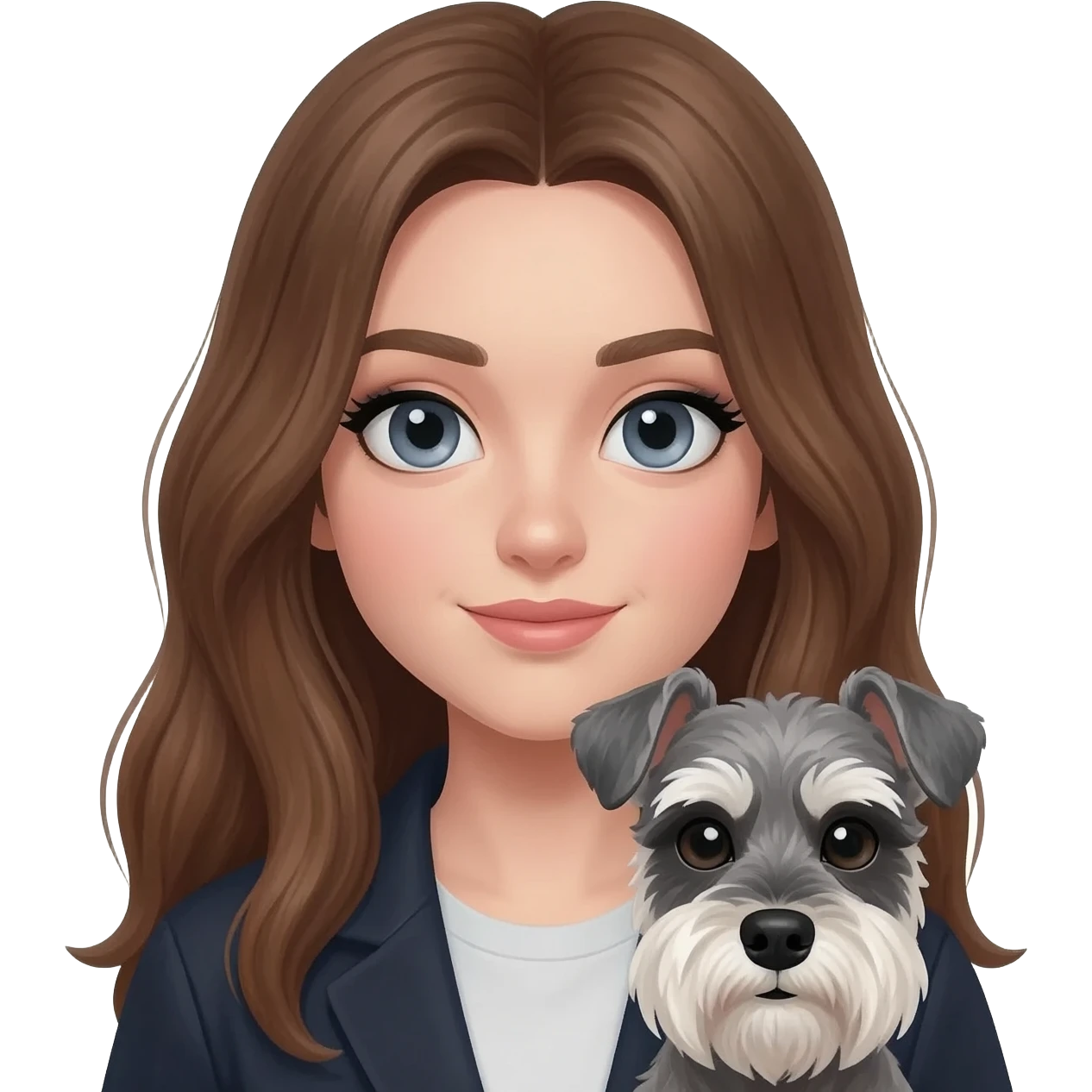 White girl with long, medium brown color hair dark blue grey eye with heavy eyeliner holding a salt and pepper miniature schnauzer emoji