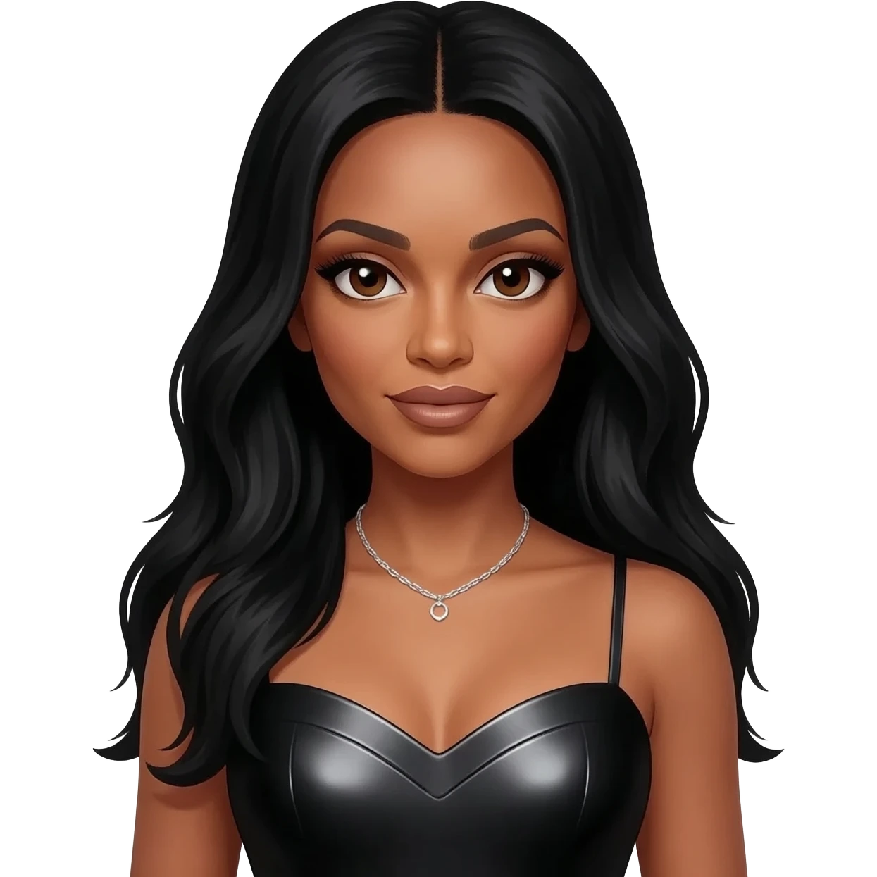 Aaliyah with dark brown eyes, long black hair, black metallic sweetheart dress, silver necklace emoji