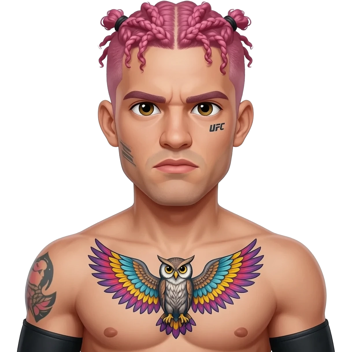 A skinny white UFC fighter with curly short pink hair in cornrows with small face tattoos and a colorful owl tattoo with its wings spread on his chest with arm sleeves emoji