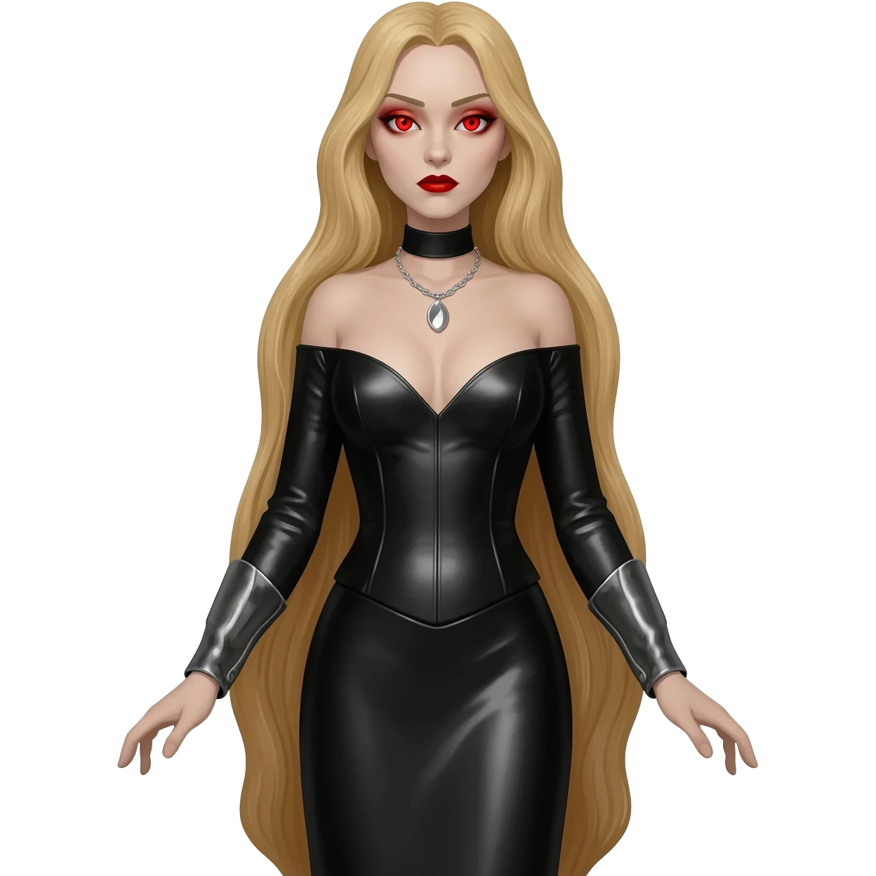 Countess Dracula with red eyes, long blonde hair, black metallic long dress, silver necklace emoji