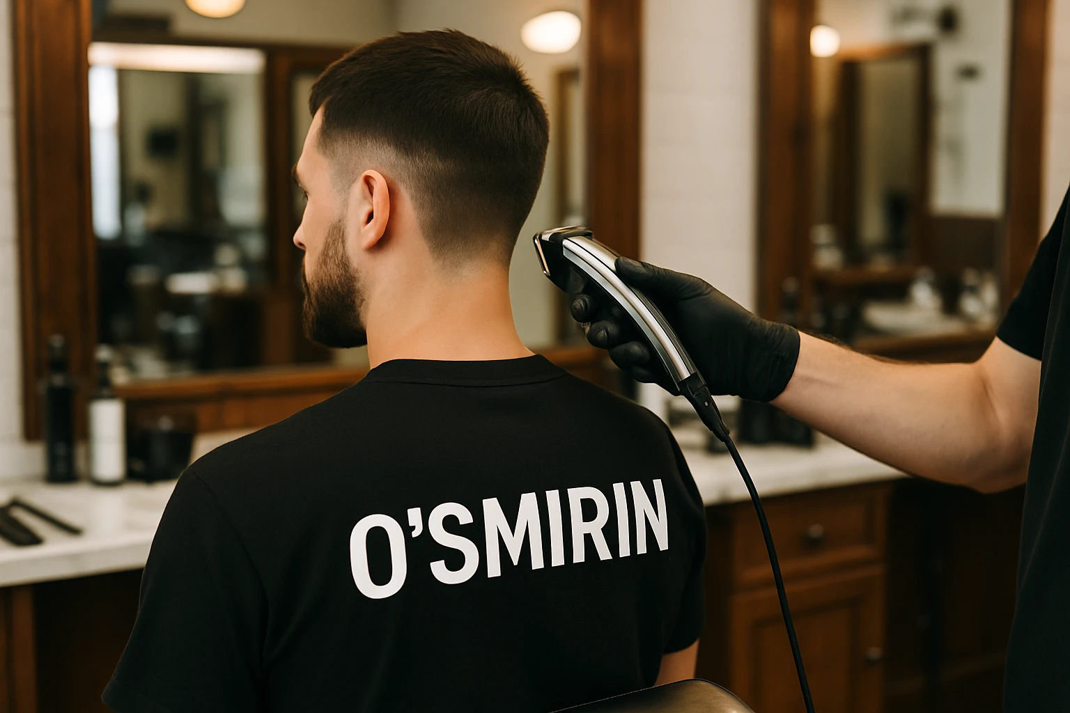 o'smirin bola qora futbolkada sartaroshxonada soch olayapti yuzi ko'rinmasin emoji