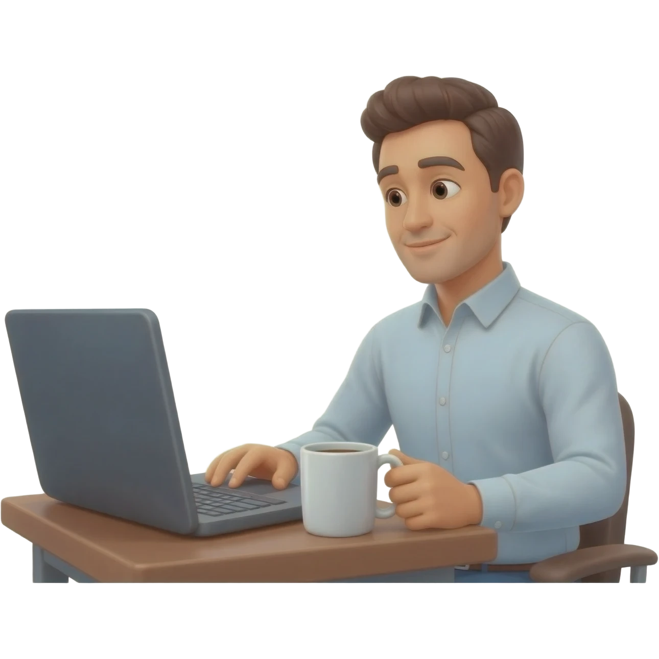 Hombre camisa manga larga en escritorio con pc emoji