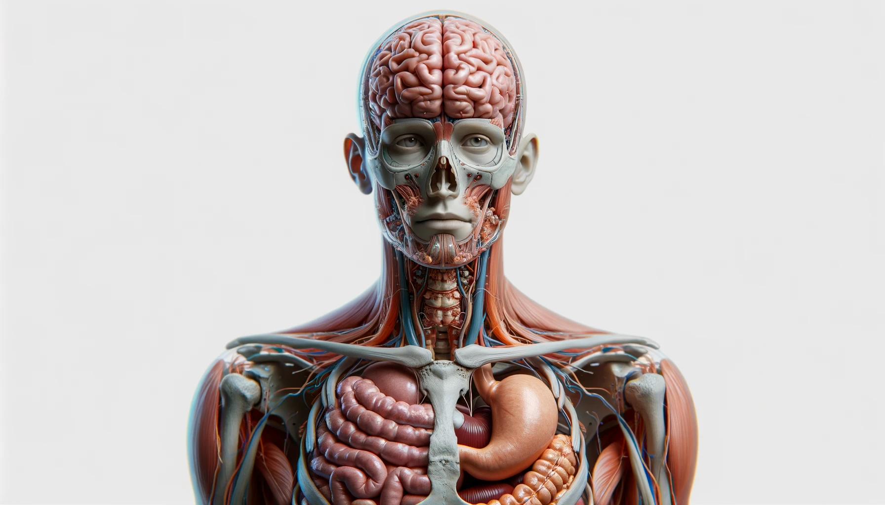corpo umano anatomico con cervello, intestino e stomaco in evidenza, espressione neutra in volto, posa frontale, iperrealistico 4k, isolato su sfondo bianco emoji