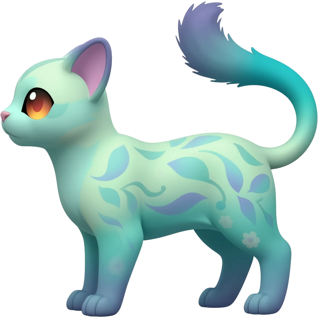 Pastel Mint-Aqua Soft-Iridescent Gentle Floral-Patterned Feline Sylveon-Liepard-hybrid-creature (full body) emoji