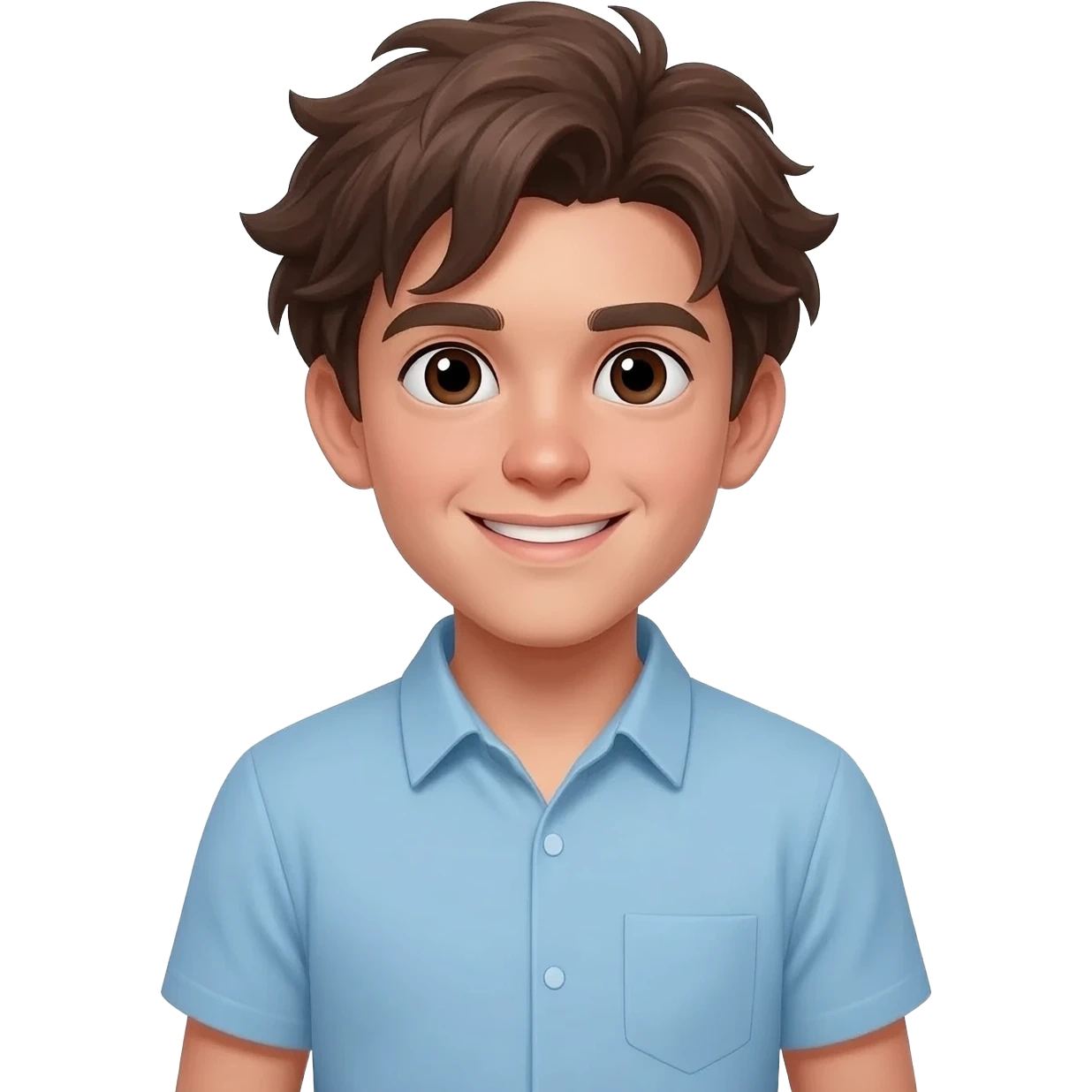 create an emoji of a teenage man, very very slightly tanned face, smile. he has an cool look, very messy brown hair, dark brown eyes, natural lips. he wears a short sleeve light blue emoji