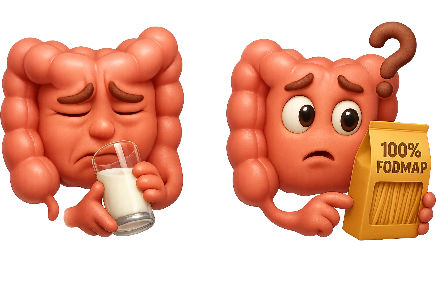 emoji stile iphone di un intestino che beve latte e ha un espressione di dolore e un intestino che guarda un pacco di pasta con la scritta "100% FODMAP" SULL'ETICHETTA CON ESPRESSIONE CONFUSA, iperrealistico 4k, isolato su sfondo bianco emoji