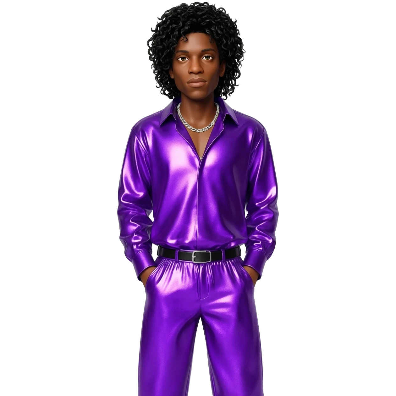 Prince Rogers Nelson with black long jerry curl hair, purple metallic shirt, purple metallic baggy pants, silver necklace emoji