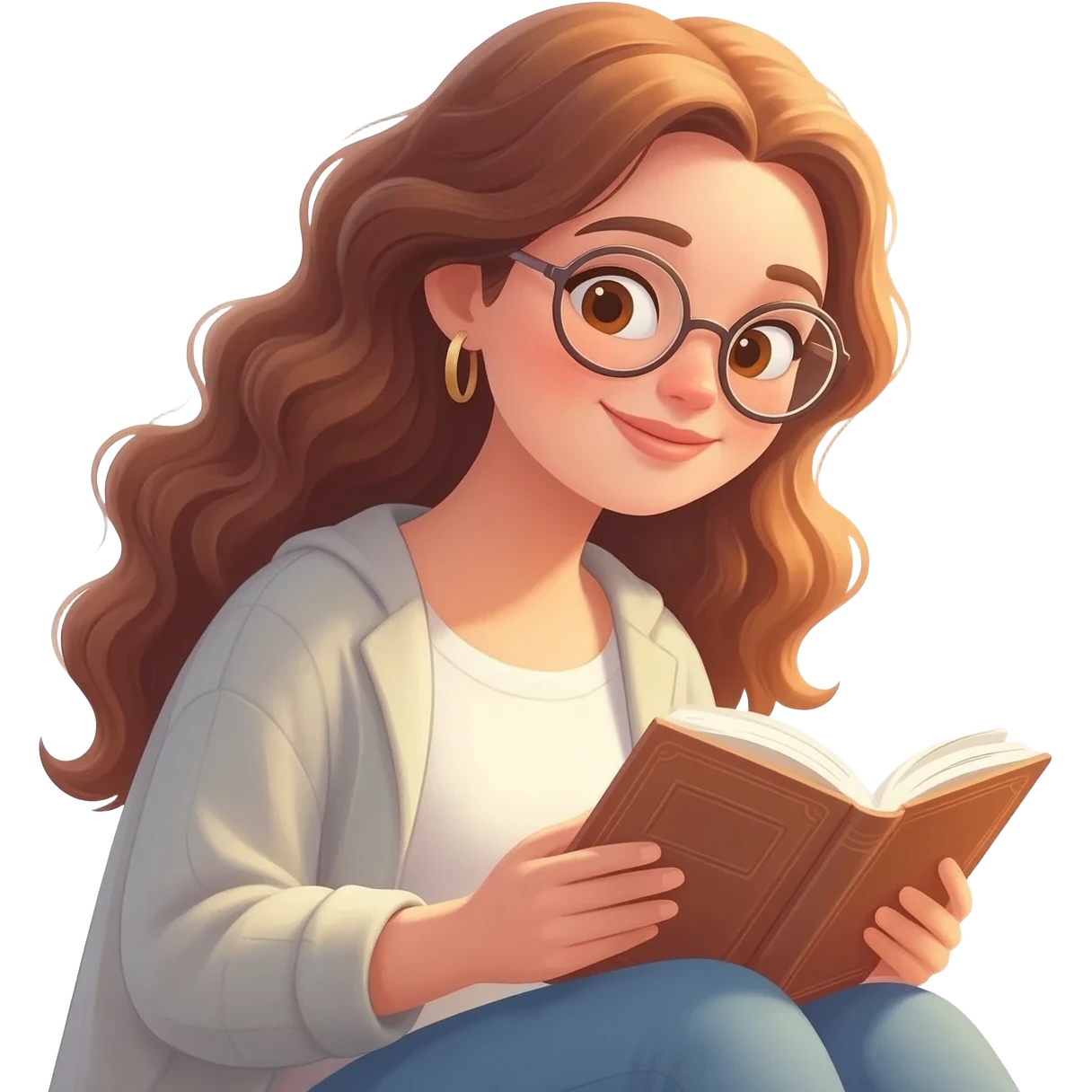 detailed emoji illustration of a curvy woman with long chestnut brown wavy hair, light brown eyes and round glasses, sitting comfortably and reading a book, warm sunlight, peaceful atmosphere, emoji style emoji