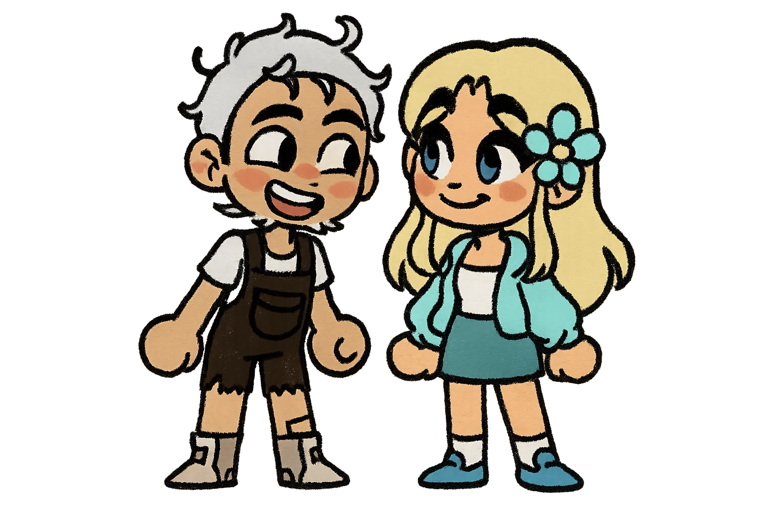 Create a couple image of these two cartoon characters standing side by side, both with flirty expressions, matching their style, transparent background. emoji