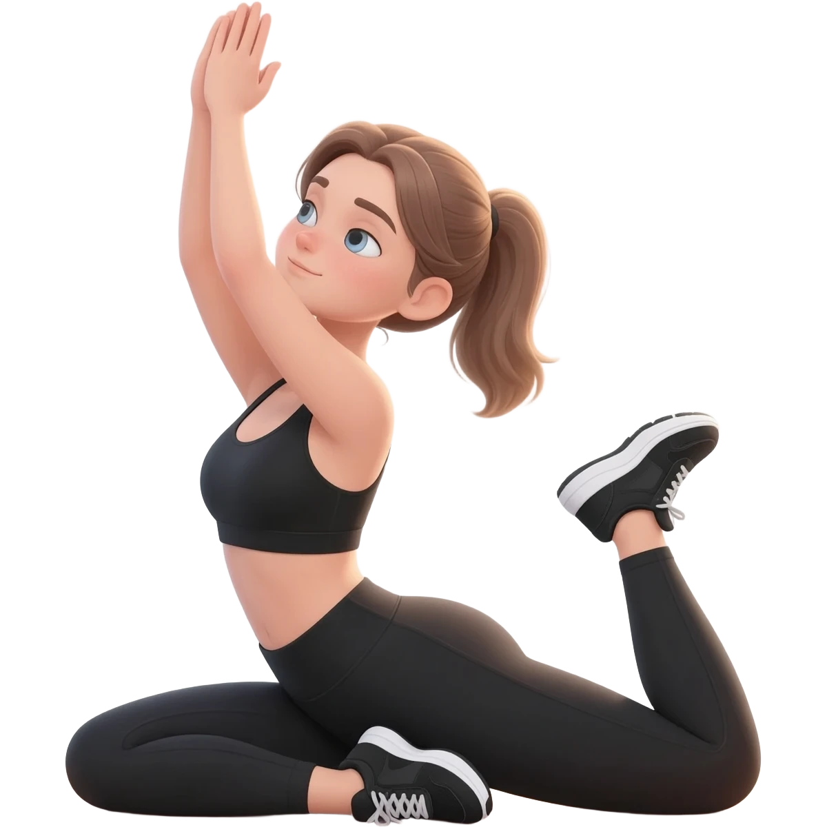 gentle bedtime stretch with sleepy mood, fair-skinned woman, gray-blue eyes, ash brown brows, ash light brown hair tied back, slim athletic body, black workout set, black sneakers with white soles emoji