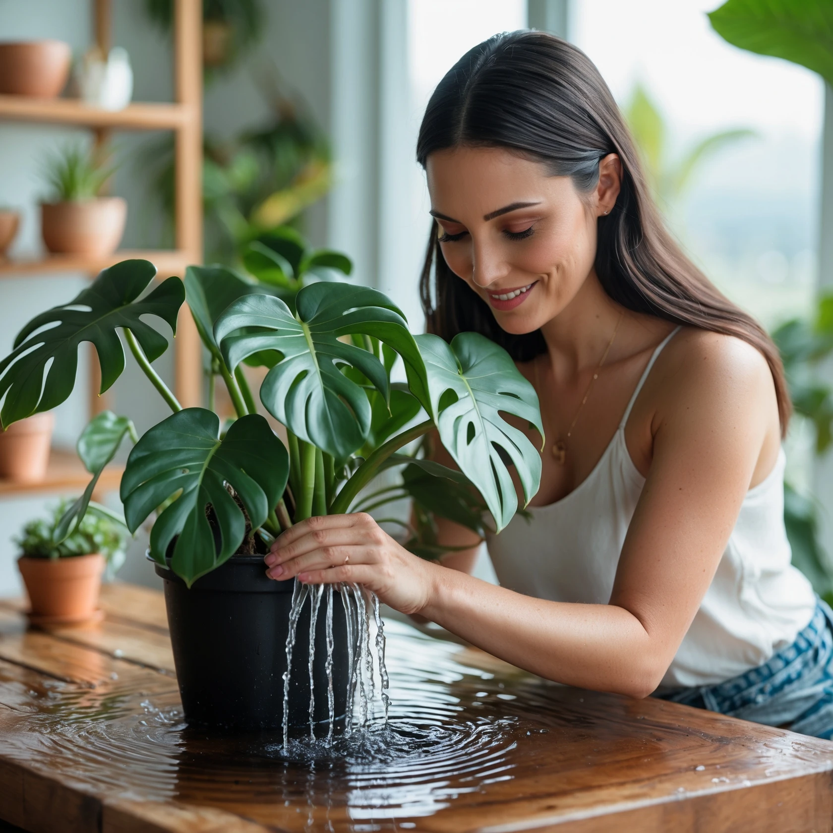 woman watering her monstera plant emoji