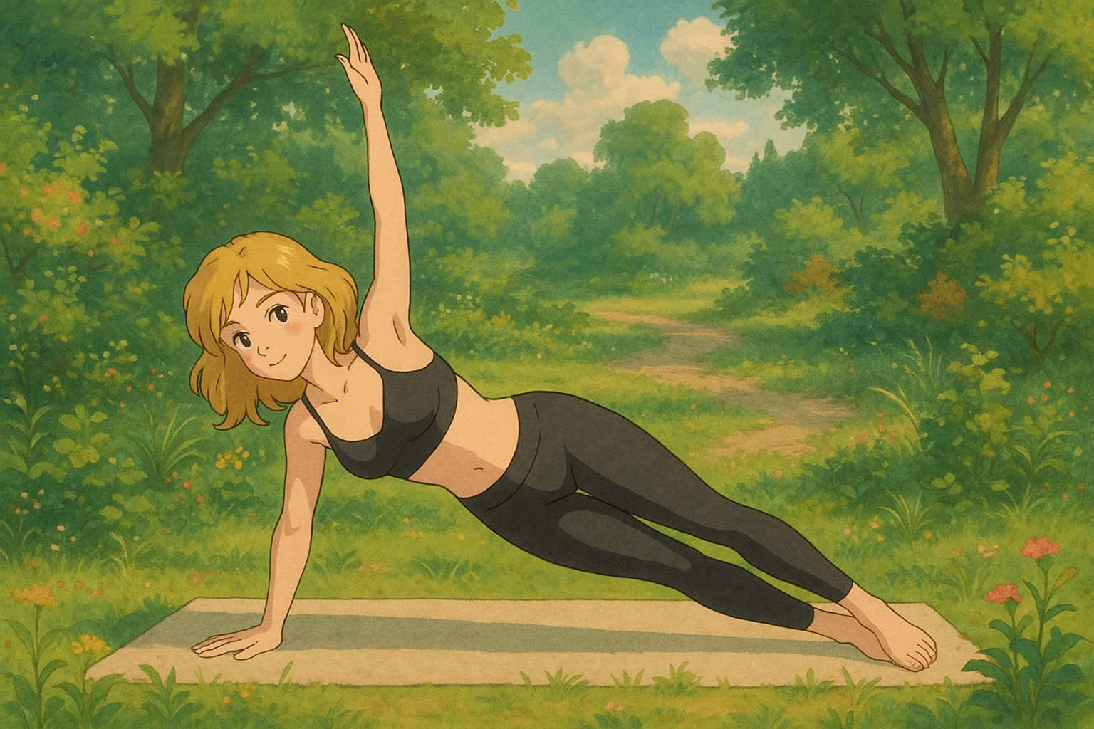 dirty blonde girl with black leggings and black bra doing pilates, side plank pose, ghibli style emoji