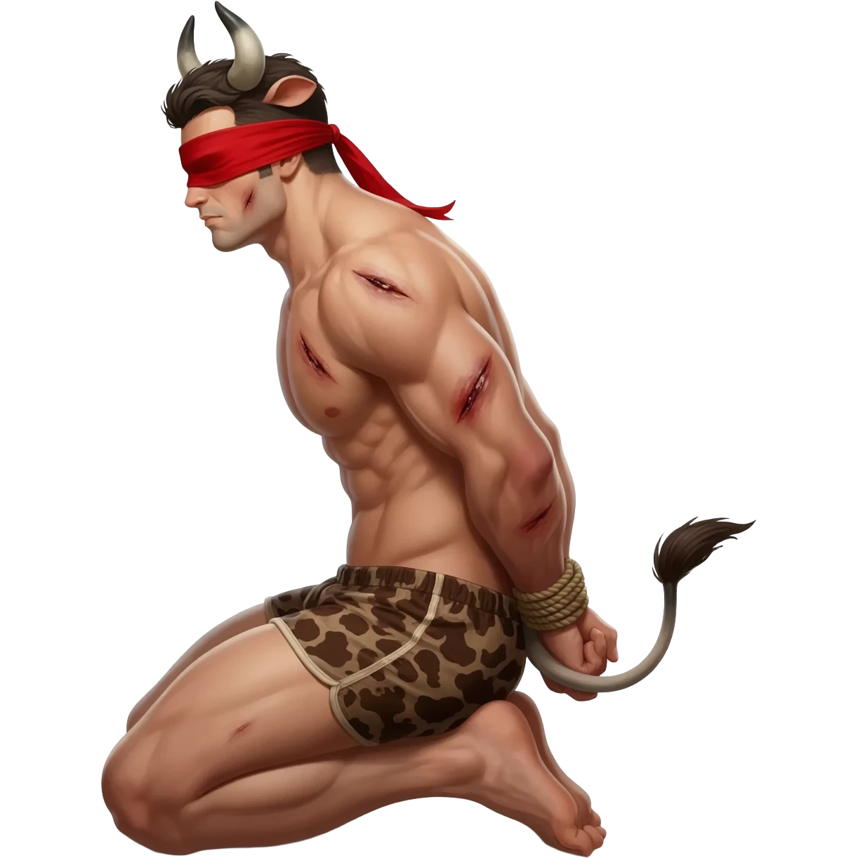 handsome extra large muscular man covered with scars with large breasts with bull horns and cow ears and bull tail with red blindfold dressed in thongs with brown cow print sits on his knees with hands tied behind the bback side view emoji