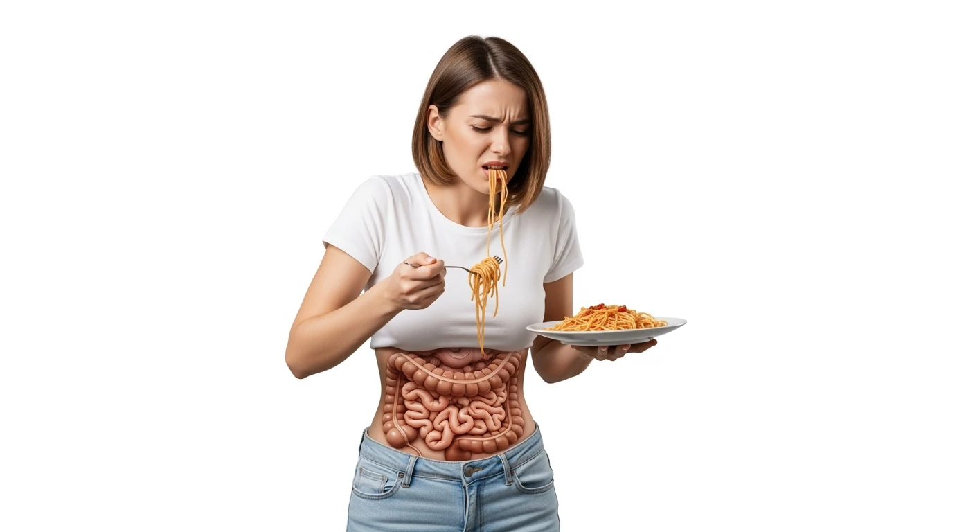 DONNA CHE TIENE UN PIATTO DI PASTA IN MANO MANGIATO PER METà, HA MAL DI PANCIA E INTESTINO UMANO ANATOMICO REALISTICO IN EVIDENZA, iperrealistico 4k, ISOLATA SU SFONDO BIANCO emoji