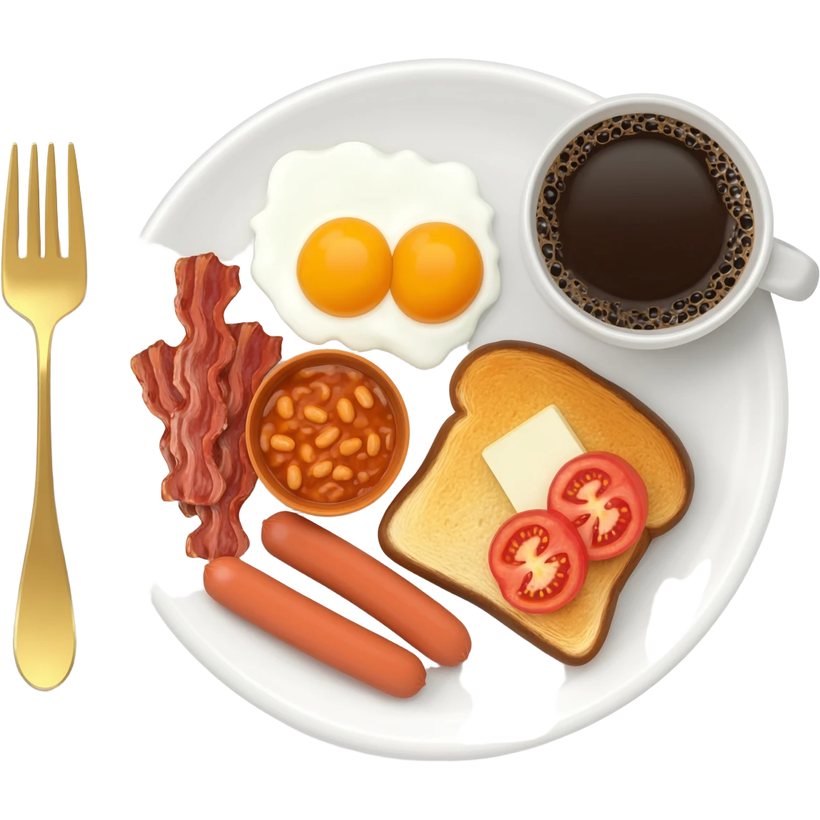 English breakfast full English breakfast with two eggs, bacon, sausage, beans, toast, and tomato оn a beautiful white plate with a gold fork and cup of coffee emoji