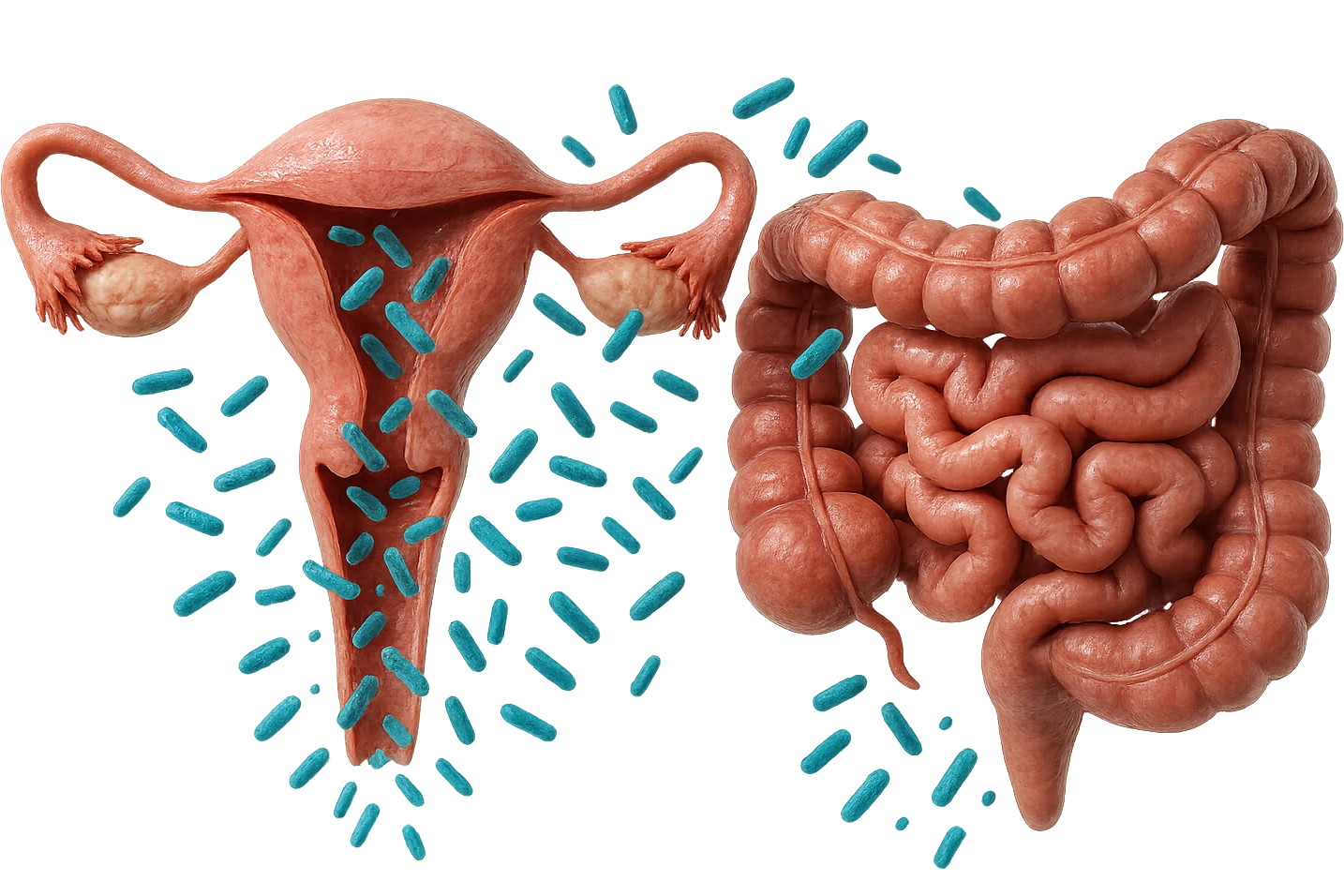 UTERO UMANO E INTESTINO ANATOMICI REALISTICI SONO UNO ACCANTO ALL'ALTRO E SI PASSANO I BATTERI A VICENDA, CON BATTERI CHE ESCONO DALL'INTERNO, IPERREALISTICO 4K, NON DISEGNATO emoji