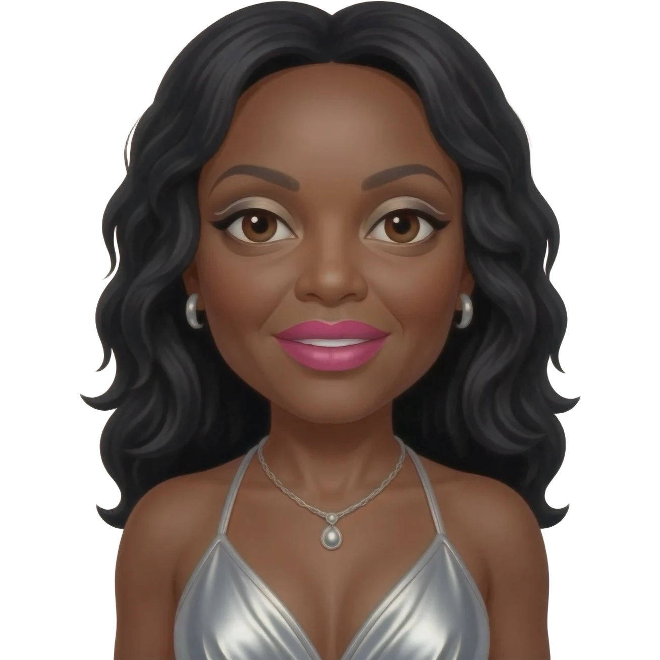 Diana Ross with dark brown eyes, long black hair, white eyeshadow, hot pink lipstick, silver metallic halter dress, silver necklace and earrings emoji