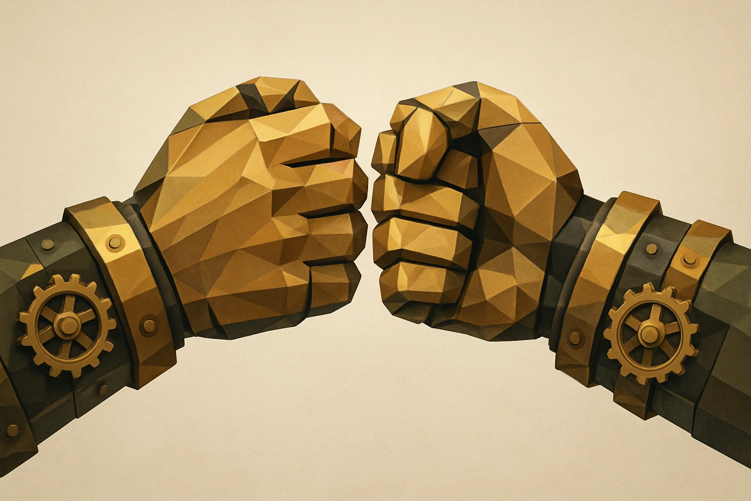 two mechanical hands in a steampunk style giving a fist bump, gears and brass details, vintage industrial look emoji