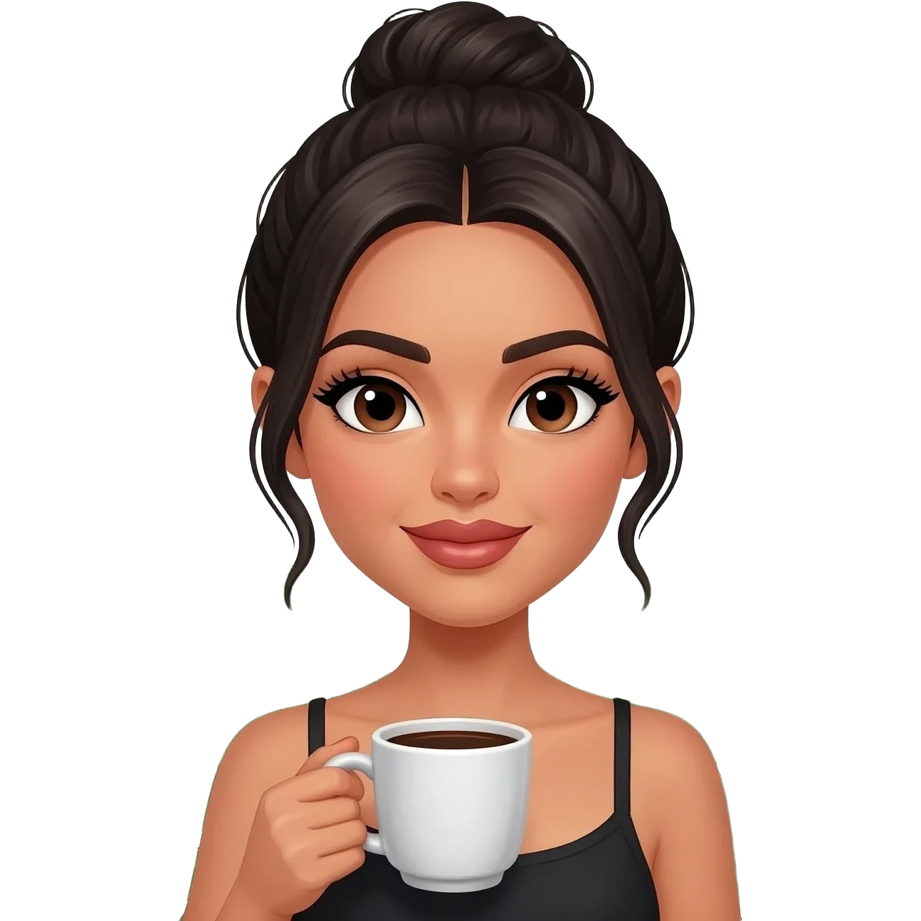 Plant mom black hair low bun middle part with long lashes & full lips with monsteras & coffee emoji