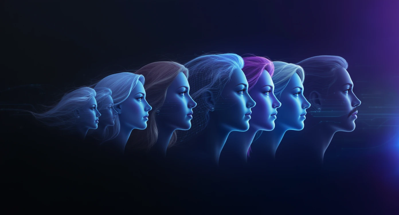 Futuristic Graphic of a flying aroundg profiles with 3d disney style faces of people (Gradient black and blue background) emoji