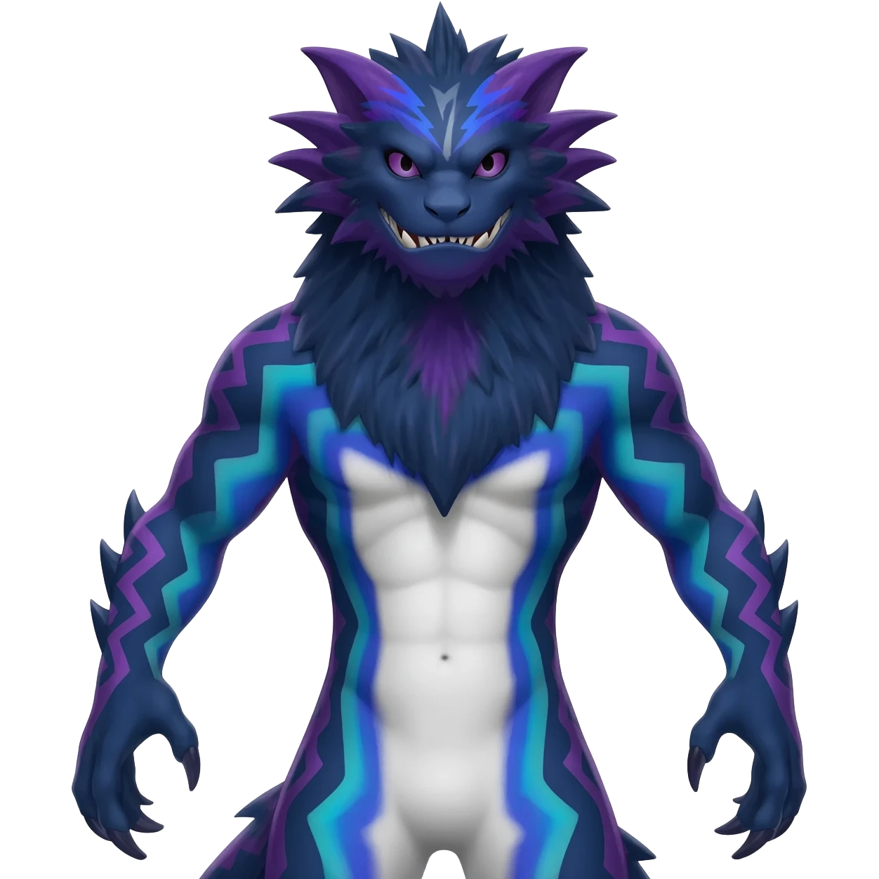 zig-zag-patterned striking indigo-violet-blue-cyan-gradiented with dark undertones, white underside, thunderous stormy edgy badass realistic Vernid-Sergal-Genet-Trico-fantasy-creature-species by LiLaiRa, full body emoji