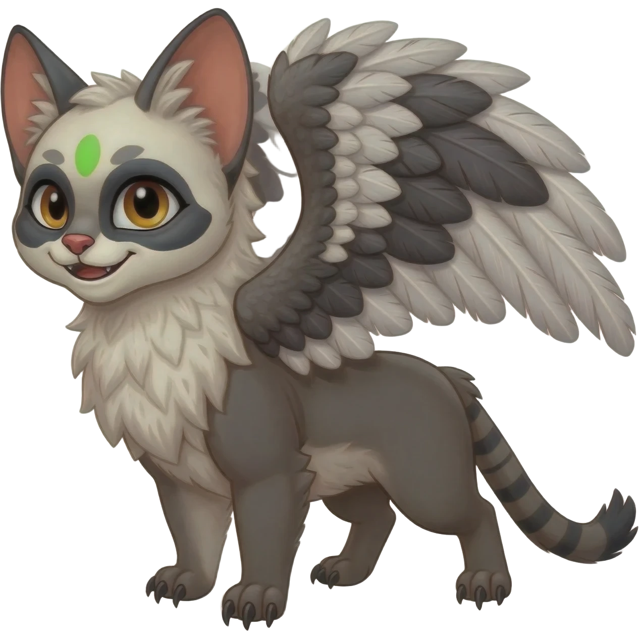 Cute kawaii cool edgy badass  fantasy-caracal-civet-genet-sergal-vernid-Gryphon-Cacomistle-Trico-oncilla-animal-Fakémon-hybrid-fursona (full body), facial markings, (realism style) emoji