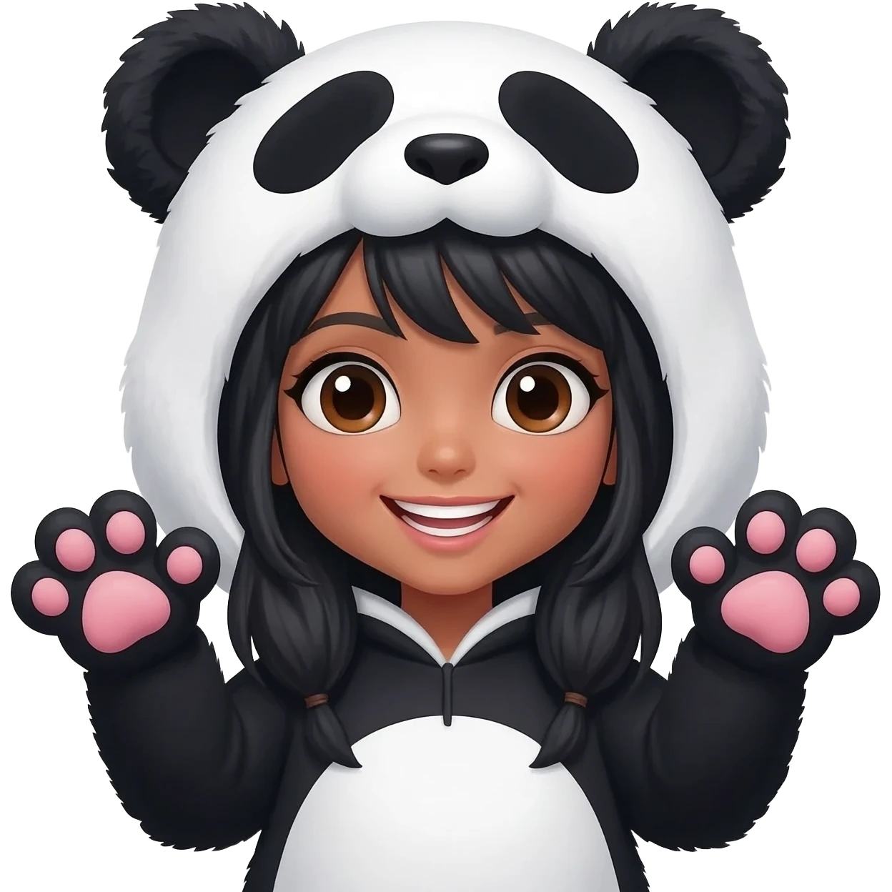 beautiful tan girl with black hair in a panda costume emoji