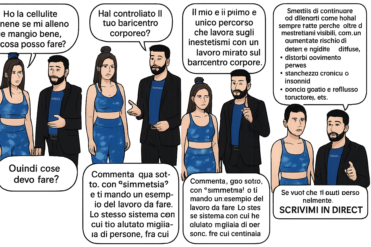 TRASFORMA QUESTO CAROSELLO IN UN FUMETTO CON QUESTE DUE PERSONE IDENTICHE CHE INTERLOQUISCONO TRA LORO:

Ho la cellulite anche se mi alleno e mangio bene, cosa posso fare?

Hai controllato il tuo baricentro corporeo?
Sapevi che se il peso del tuo corpo cade in avanti o da un lato, c’è un disallineamento fra bacino e torace, che comprimendo le coste, limita la motilità del diaframma e l’ossigenazione dei tessuti?
Il mio è il primo e unico percorso che lavora sugli inestetismi con un lavoro mirato sul baricentro corporeo.

Smettila di continuare ad allenarti come hai sempre fatto perché, oltre ad inestetismi visibili, corri un aumentato rischio di:
    • dolori e rigidità diffuse
    • disturbi pavimento pelvico
    • stanchezza cronica o insonnia
    • pancia gonfia e reflusso (bruciore)
    • etc…


Quindi cosa devo fare?
Commenta, qua sotto, con “simmetria” e ti mando un esempio del lavoro da fare. Lo stesso sistema con cui ho aiutato migliaia di persone, fra cui centinaia di donne a risolvere definitivamente gli inestetismi.
Metterei il prima e dopo

Se vuoi che ti aiuti personalmente
SCRIVIMI IN DIRECT emoji
