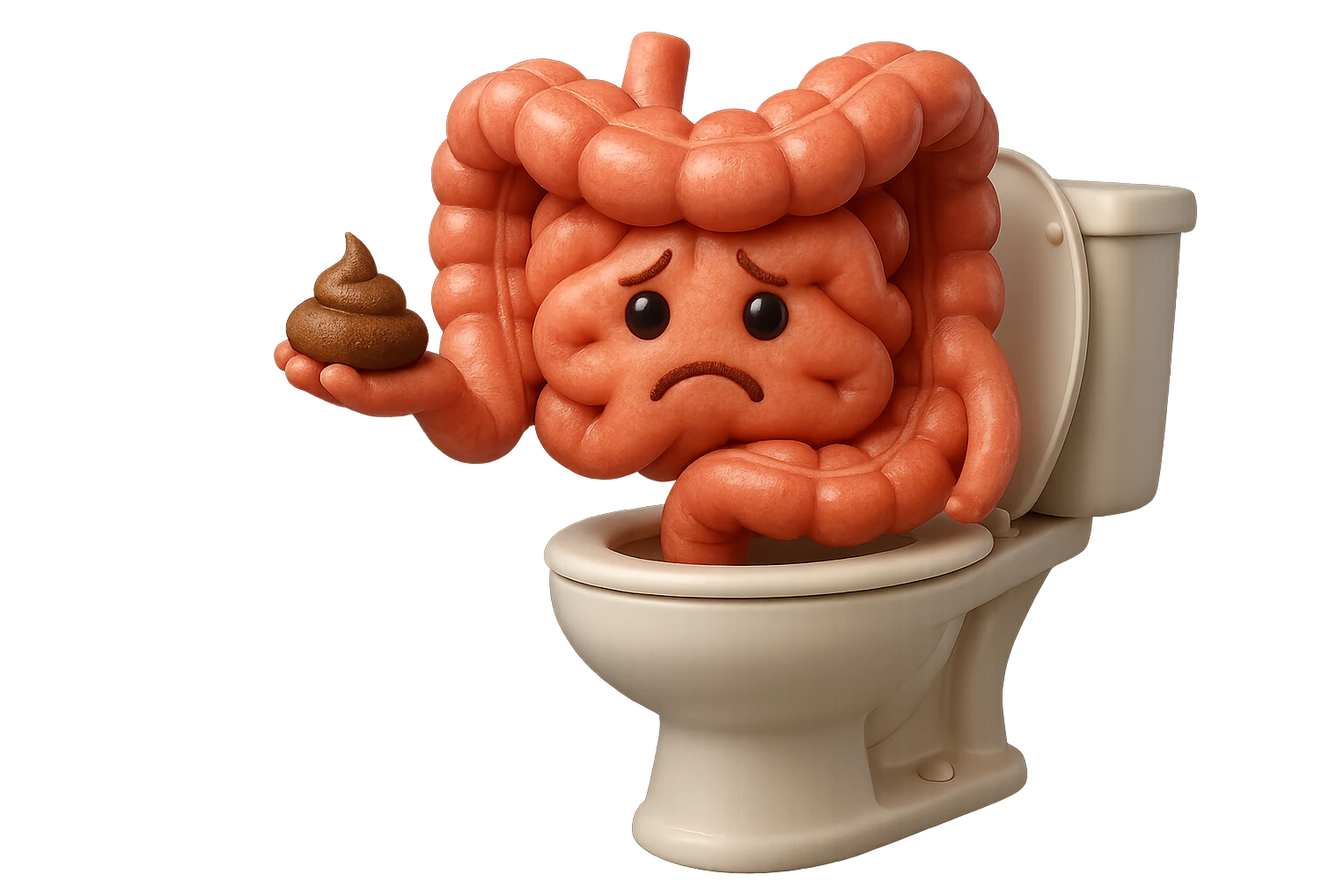 emoji stile iphone di un intestino realistico 3d che esce dal wc con in mano una montagnetta di feci con espressione triste a palline, iperrealistico 4k emoji