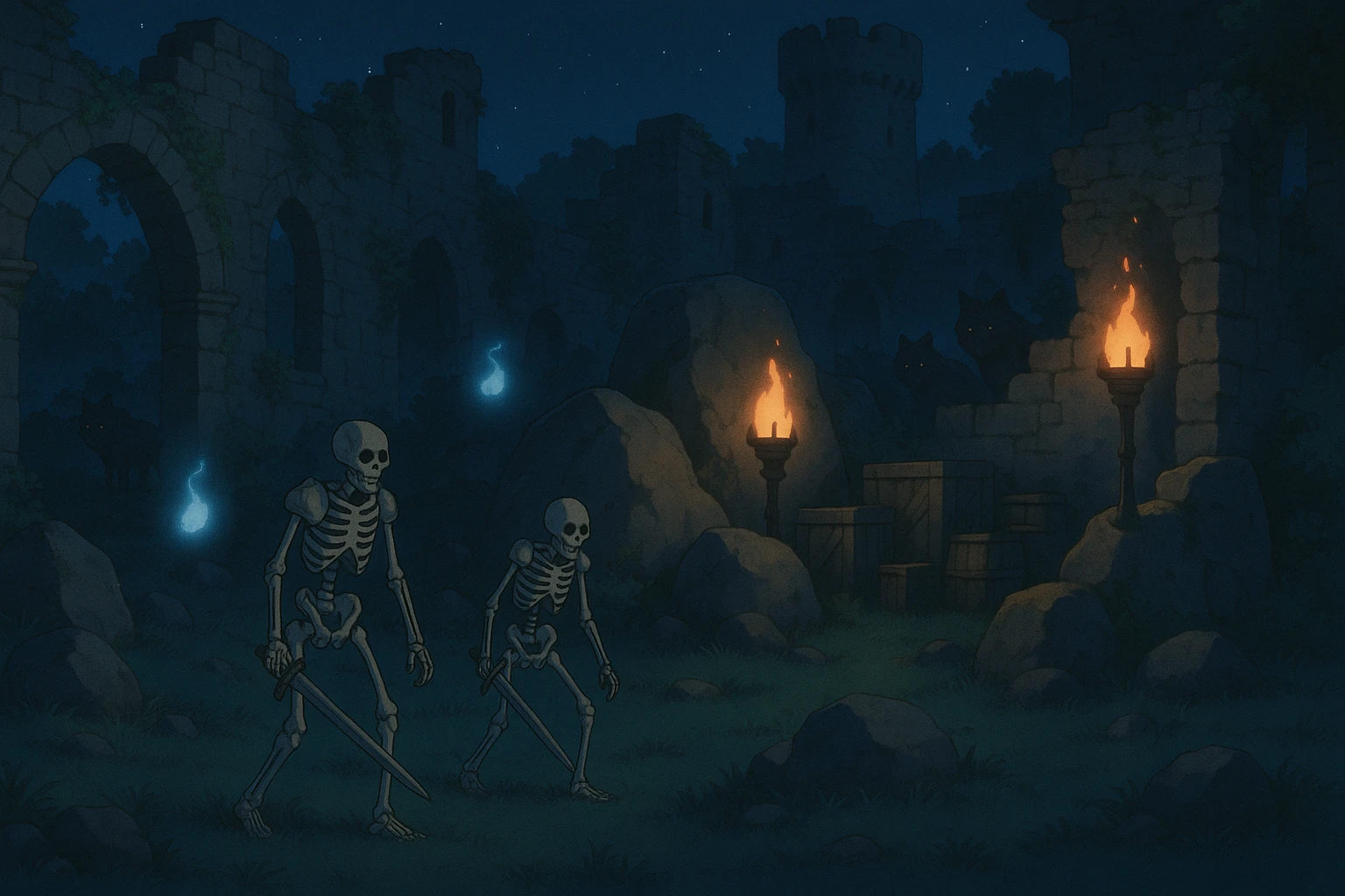 midnight within the ruins of abandoned castle yard, protrude boulders, amid iron torches and crates tucked behind, skeleton warriors, wisps, and wolves linger just in the edge of view behind scenery emoji