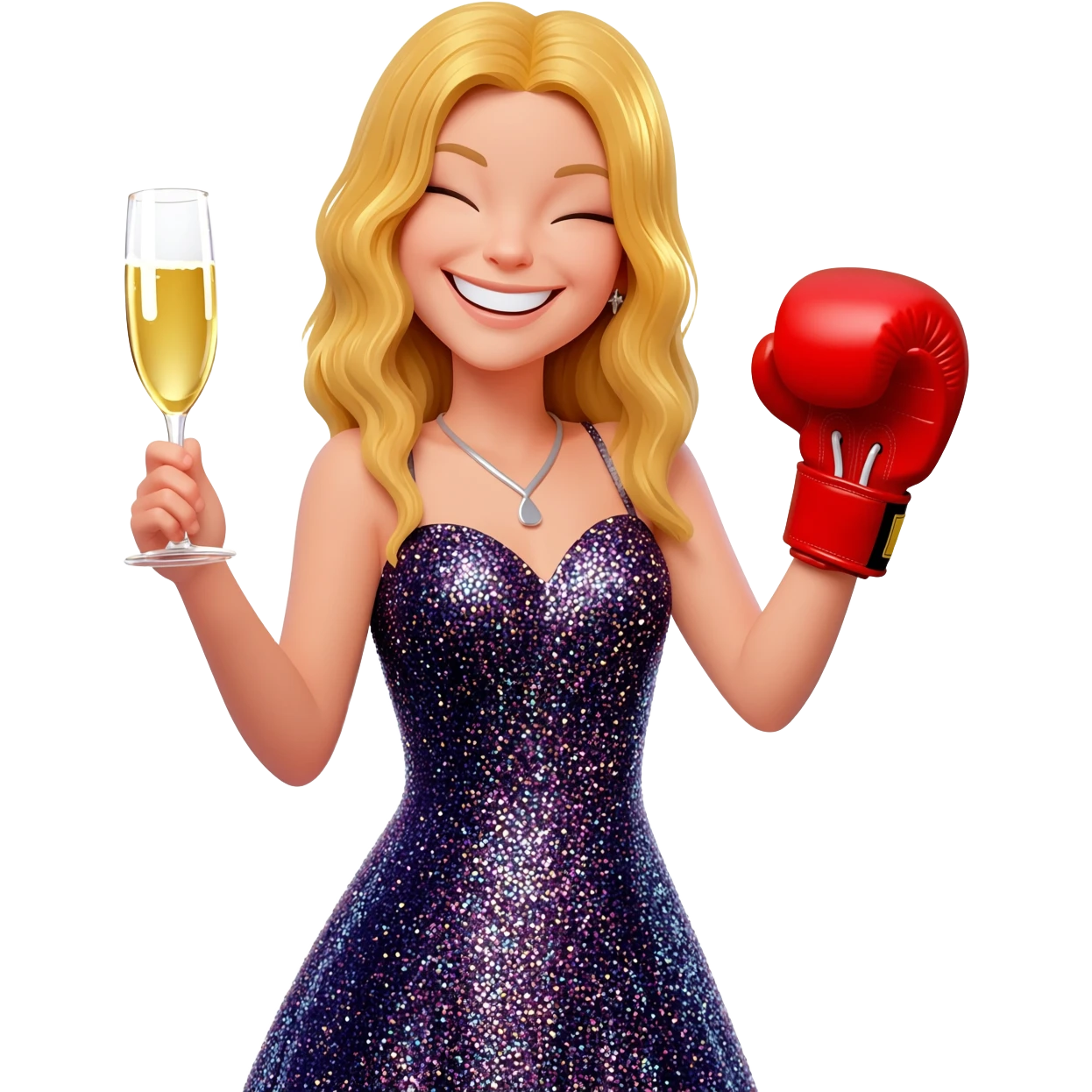 Happy girl, blond girl, party vibe with a glass of champagne and a boxing glove emoji