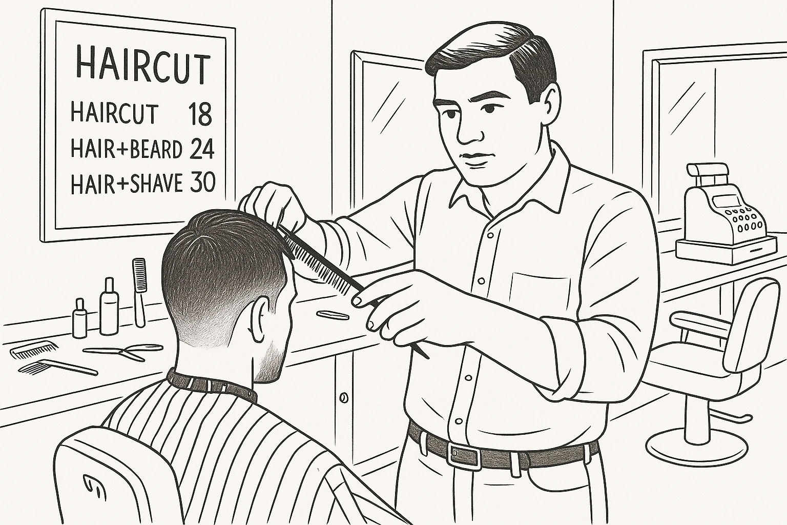 Draw me a sketch of the barbershop, but make sure there's a cash register there. emoji