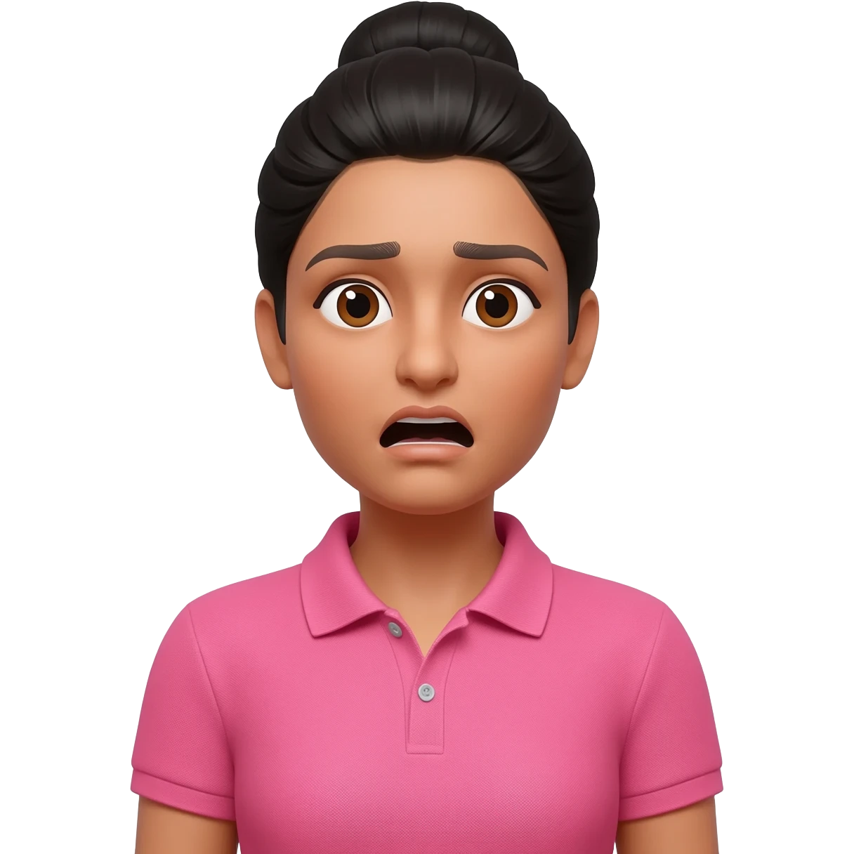 Indian woman in a professional hair bun, wearing pink polo tshirt, in an emergency, showing a panic face. emoji