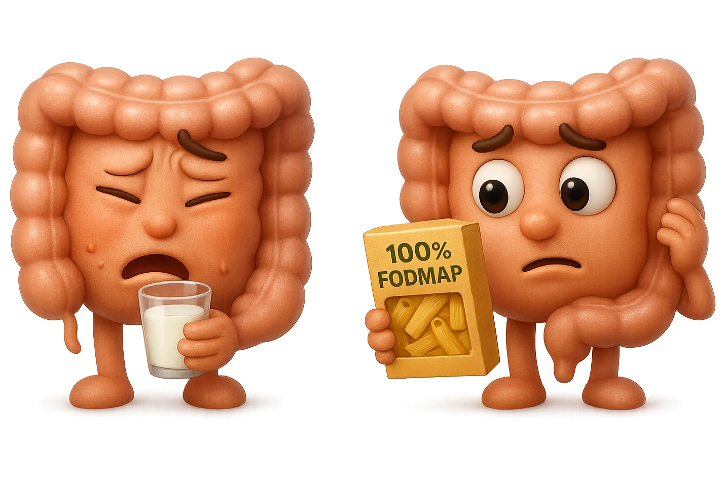 emoji stile iphone di un intestino che beve latte e ha un espressione di dolore e un intestino che guarda un pacco di pasta con la scritta "100% FODMAP" SULL'ETICHETTA CON ESPRESSIONE CONFUSA, iperrealistico 4k, isolato su sfondo bianco emoji