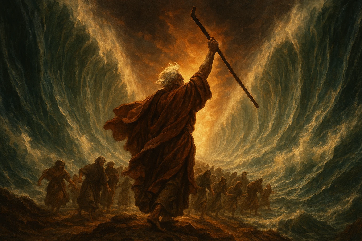 Dramatic Red Sea split, Moses holding staff, Israelites escaping, water towering, cinematic biblical art emoji