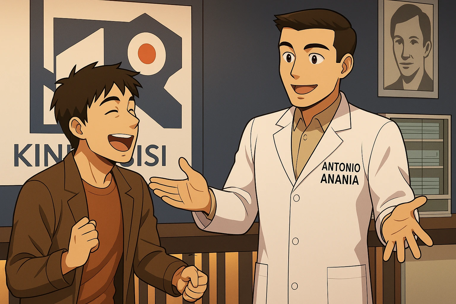  rappresenta un webtoon manga a colori con questo stile, in cui un uomo esclama una cosa entusiasta al kinesiologo con il camice bianco (fagli anche la scritta "ANTONIO ANANIA" SUL CAMICE), IL KINESIOLOGO lo aspetta a braccia aperte. l'espressione dell'uomo è felice e soddisfatta, non fare i fumetti però, fai solo in modo che sembri stiano parlando emoji