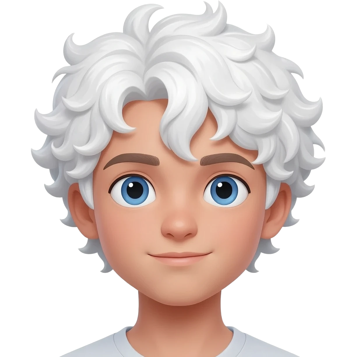 chico con cabello rizado hasta los hombros blanco ojos azules y un mechon blanco en el cabello tambien rizado emoji