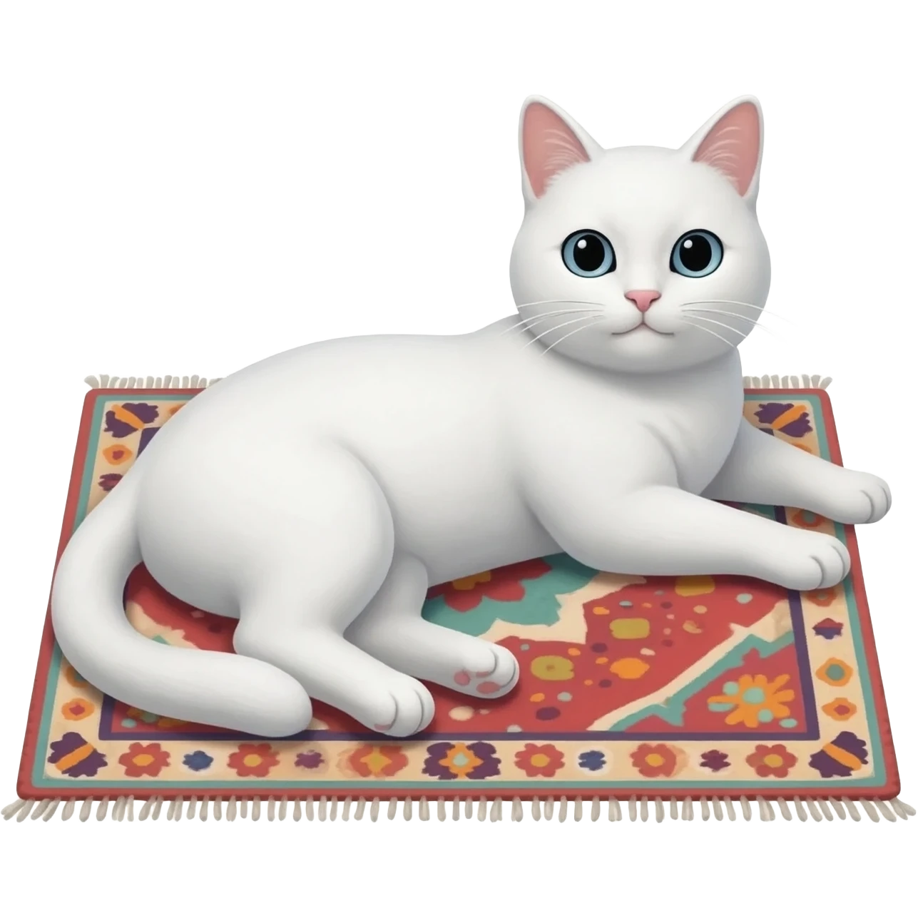 a white cat is lying on the rug emoji