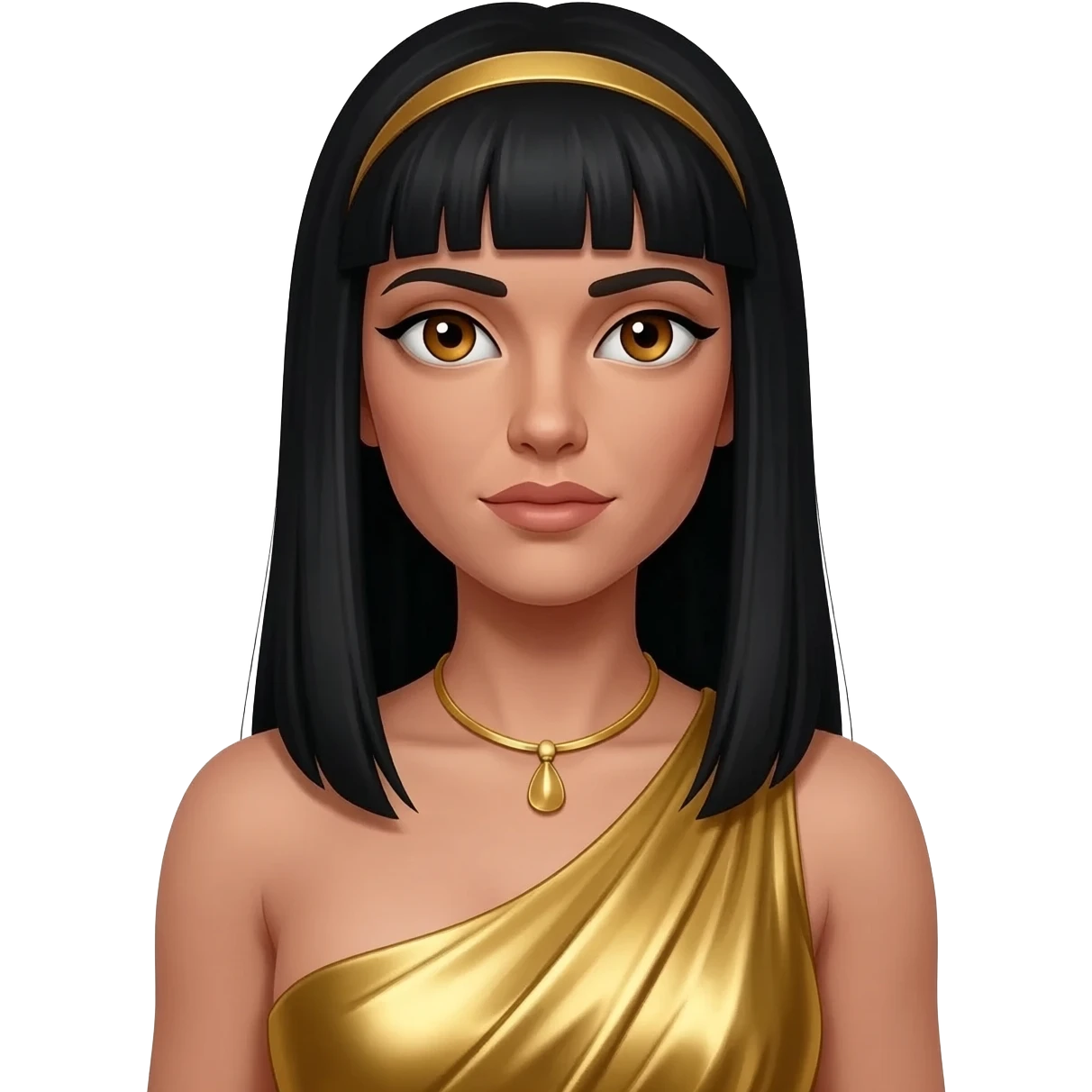 Cleopatra with hazel eyes, long black hair, gold metallic dress, gold necklace emoji