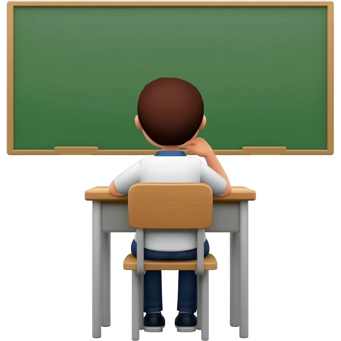 student sitting in classroom back view with one hand on chin emoji