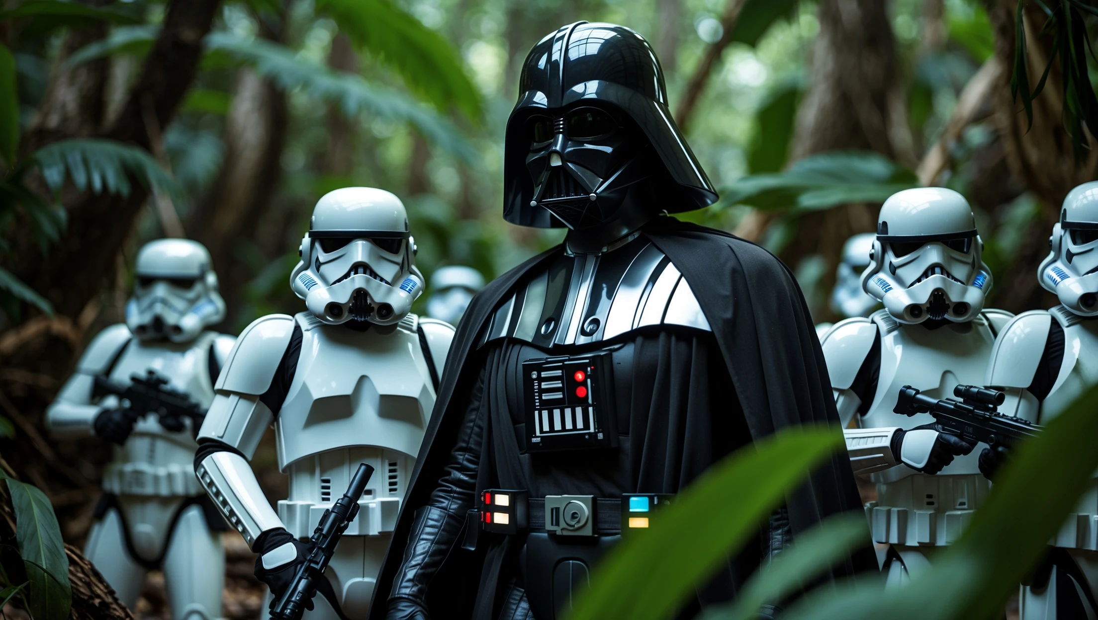 cinematic still, Closeup shot, amazon jungle, Darth Vader around stormtroopers is exploring the jungle, captured by arri alexa emoji
