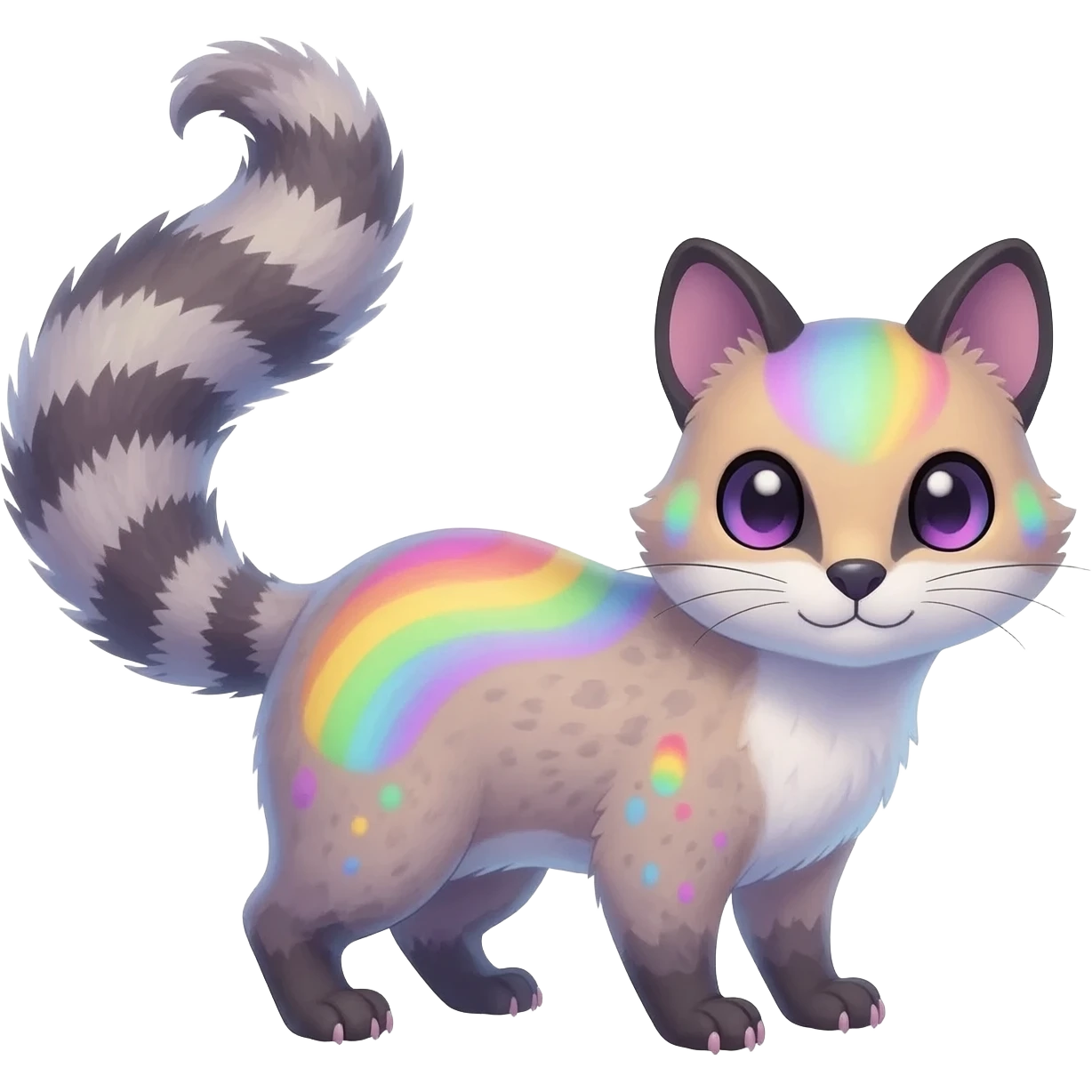  cute adorable pastel-iridescence-gradients albino fur with random colorful iridescent rainbow markings beautiful elegant pretty precious cute  Fakémon-Pokémon-opossum-feline-serval-caracal-chinchilla-Minccino-hybrid-creature with a big fluffy bushy striped tail (full body) emoji