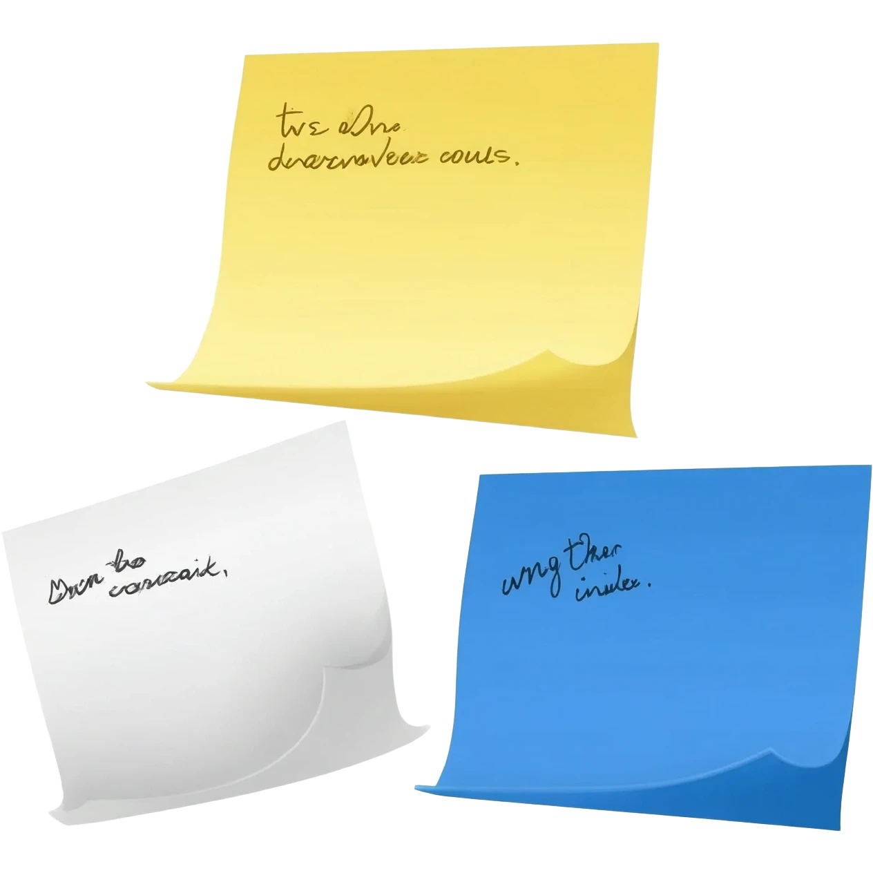 3 papers, yellow, white and blue with things written on them emoji